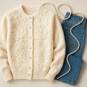Vintage Angora Cardigan L XL Cream Applique Chenille Rhinestone Buttons